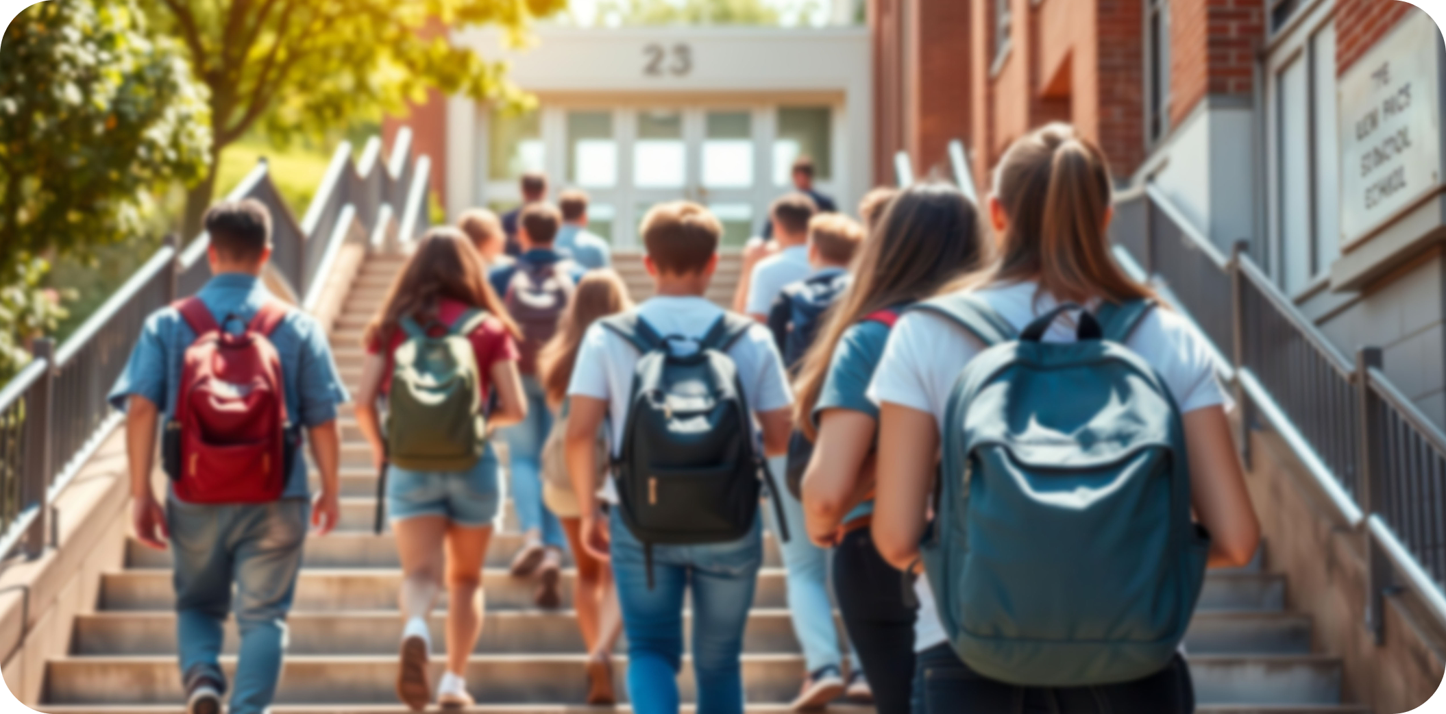 A group of students with backpacks walk up outdoor steps toward a school building entrance on a sunny day.